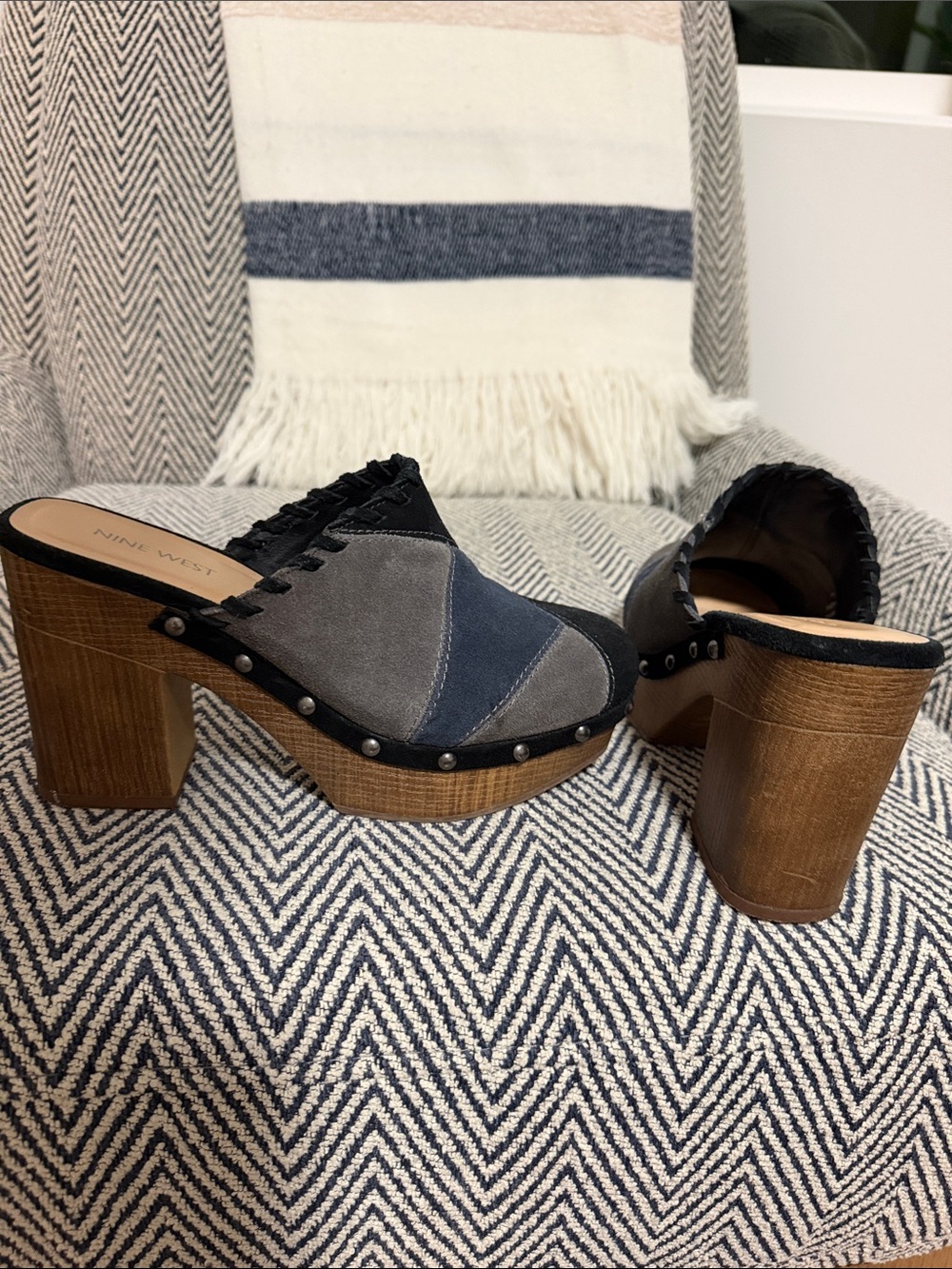 Nine West Navy, Gray & Black Suede Platform Clogs